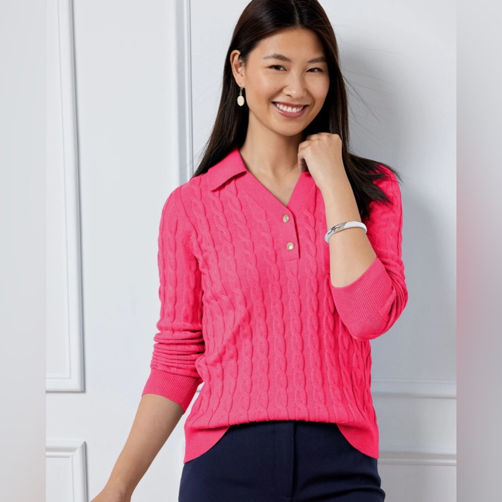 Talbots Cable Knit Johnny Collar Polo Pullover Preppy Sweater Size Small Petite